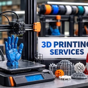 May include: A 3D printer with a blue hand model on the print bed. The printer is black with orange accents. A sign reads "3D PRINTING SERVICES." Various 3D-printed objects, including a rocket and geometric shapes, are displayed nearby. Spools of filament are stacked.