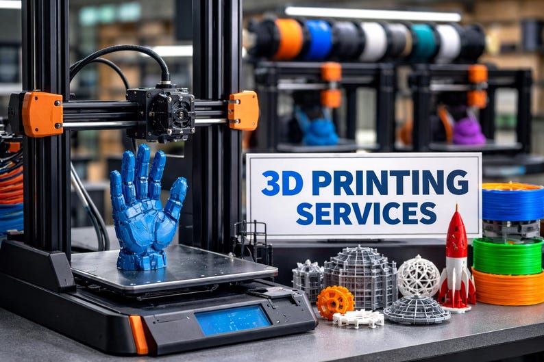 May include: A 3D printer with a blue hand model on the print bed. The printer is black with orange accents. A sign reads "3D PRINTING SERVICES." Various 3D-printed objects and spools of filament are also visible.