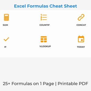 Op de afbeelding: Een witte afbeelding met oranje pictogrammen en tekst voor Excel-formules. De bovenste tekst luidt "Excel Formulas Cheat Sheet". Pictogrammen zijn onder meer een rekenmachine, een lijst, een ketting, een vinkje, een raster en een kalender.
