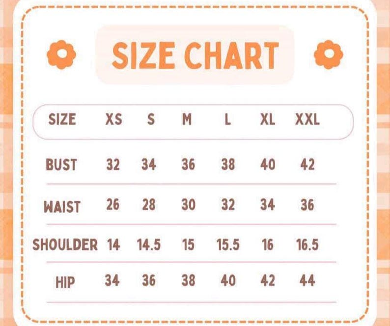 May include: A size chart with the title "SIZE CHART" in a white box with an orange border. The chart lists sizes XS to XXL, with bust measurements from 32 to 42 inches, waist measurements from 26 to 36 inches, shoulder measurements from 14 to 16.5 inches, and hip measurements from 34 to 44 inches.