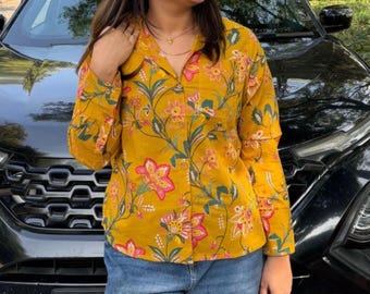 Handmade Floral Block Print Shirt, Mustard Yellow Boho Tunic Top