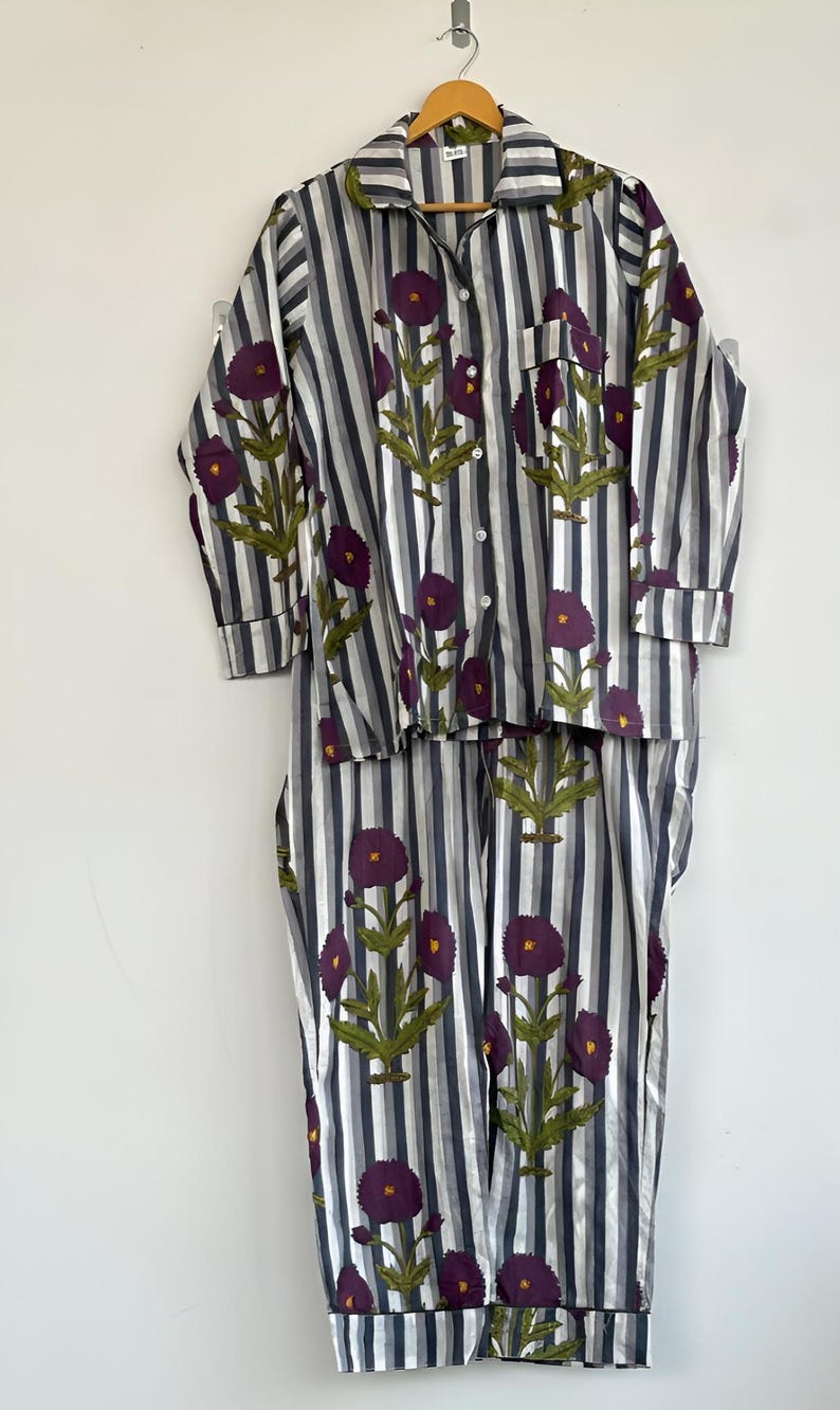 Hand Block Print Cotton Pajama Set: Floral Indian Nightwear 11