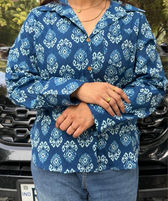 Handmade Indigo Printed Cotton Shirt / Women’s Casual Top