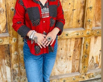 Hand Block Printed Cotton Shirt | Red Boho Top