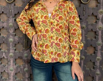 Hand Block Print Cotton Shirt | Yellow Floral Boho Tunic Top