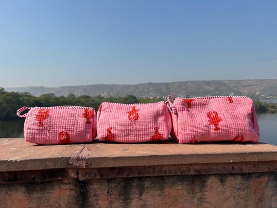 Handmade Quilted Makeup Bag Set, Cotton Travel Pouches, Pink Block Print Cosmetic Organizer