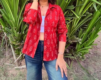 Red Hand Block Printed Cotton Shirt | Boho Artisan Top