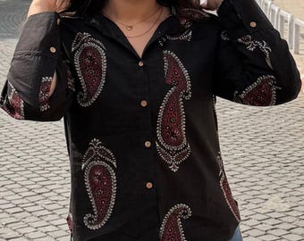 Handmade Black Paisley Print Cotton Shirt for Women, Boho Button Down Ethnic Top