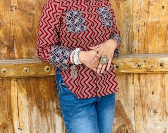 Hand Block Print Cotton Kurti Top for Women | Ajrakh Inspired Indian Ethnic Shirt