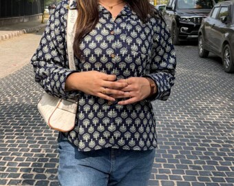 Navy Blue Block Print Cotton Shirt for Women, Handmade Boho Button Down Top