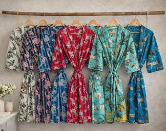 100% Cotton Floral Kimono Robe, Japanese Style Bathrobe, Beach Cover-up