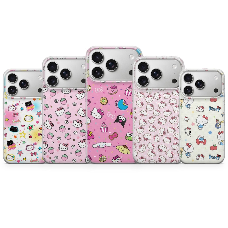 May include: Five phone cases with colorful designs. The cases feature various patterns, including Hello Kitty, strawberries, and other cute illustrations. The cases are in shades of pink, white, and other bright colors.