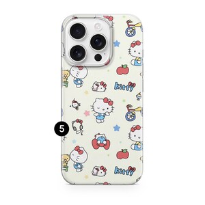 May include: A phone case with a repeating pattern of Hello Kitty characters, apples, stars, and bicycles on a cream background. The word "Kitty" is written in blue. The case has a clear border and a camera cutout.