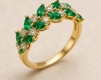 Marquise Cut Cluster Ring • Gold Half Eternity Band • Green Gemstone Wedding Band • Diamond Accent Ring • Elegant Anniversary Gift