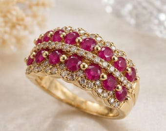 Ruby Cluster Band Ring • Minimalist Gemstone Statement Ring • Dainty Sparkle Stackable Ring • Elegant Everyday Jewelry • Gift For Her