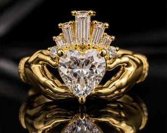 Crowned Heart Ring • Royal Inspired Statement Ring • Dainty Gold Hand Design Ring • Unique Fantasy Engagement Ring • Elegant Gift For Her