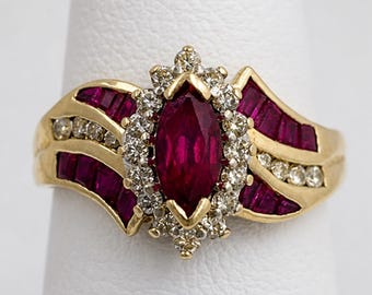 Marquise Cut Ruby Ring • Minimalist Vintage Style Band • Dainty Halo Statement Ring • Elegant Everyday Jewelry • Gift For Her