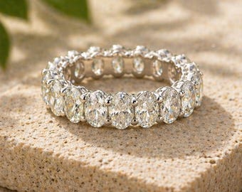 Oval Cut Eternity Band Ring • Full Circle Crystal Setting • Classic Silver Tone • Elegant Wedding Band • Stacking Ring • Gift For Her