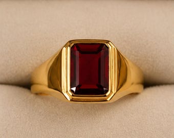 Red Gemstone Signet Ring • Minimalist Emerald Cut Ring • Dainty Statement Pinky Ring • Elegant Everyday Jewelry • Gift For Him