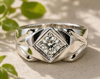 Men’s Classic Diamond Signet Ring • Polished Silver Tone • Bold Statement Band • Elegant Minimal Design • Gift For Him