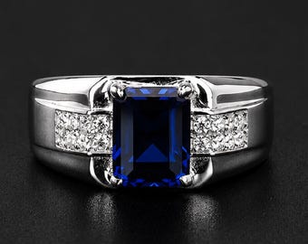 Emerald Cut Blue Ring • Minimalist Men’s Statement Ring • Bold Sapphire Color Band • Modern Everyday Jewelry • Gift For Him