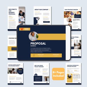May include: A business proposal template in navy blue and gold. The central page displays "PROPOSAL BUSINESS" with the company logo. Other pages include "Welcome," "About Our Company," and "Strategic Mission." The template includes 8+ pages.