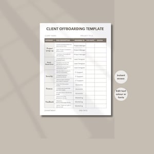 May include: A white Client Offboarding Template document featuring a grid layout with columns for category, task description, assigned to, due date, and status. The text includes project wrap-up, asset hand-over, security, finance, and feedback sections.