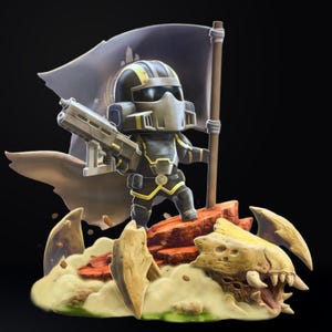 Può includere: Statuetta dettagliata di un soldato in tuta futuristica, con una pistola e una bandiera. La figura è su un terreno roccioso con un teschio di mostro. La tuta del soldato è nera con dettagli dorati. La bandiera è grigia.