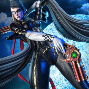 May include: A detailed digital illustration of a character in a black bodysuit with gold accents, holding a red and gold gun. The character has long, flowing black hair, white gloves, and is set against a blue, moonlit background.
