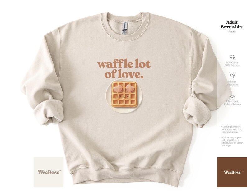 A cute, hand drawn waffle with heart toppings in soft colors - lifestyle image of a baby wearing a natural bodysuit in a scenic outdoor desert setting - exclusive WeeBoss print detail