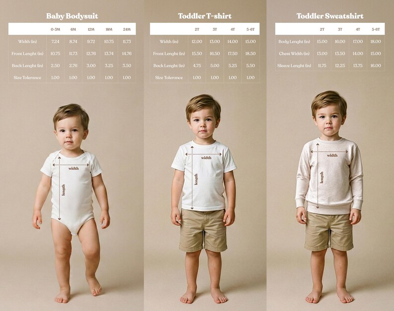 A cute, hand drawn waffle with heart toppings in soft colors - comprehensive size guide and measurements chart for baby bodysuit toddler t-shirt and toddler sweatshirt - exclusive WeeBoss print detail