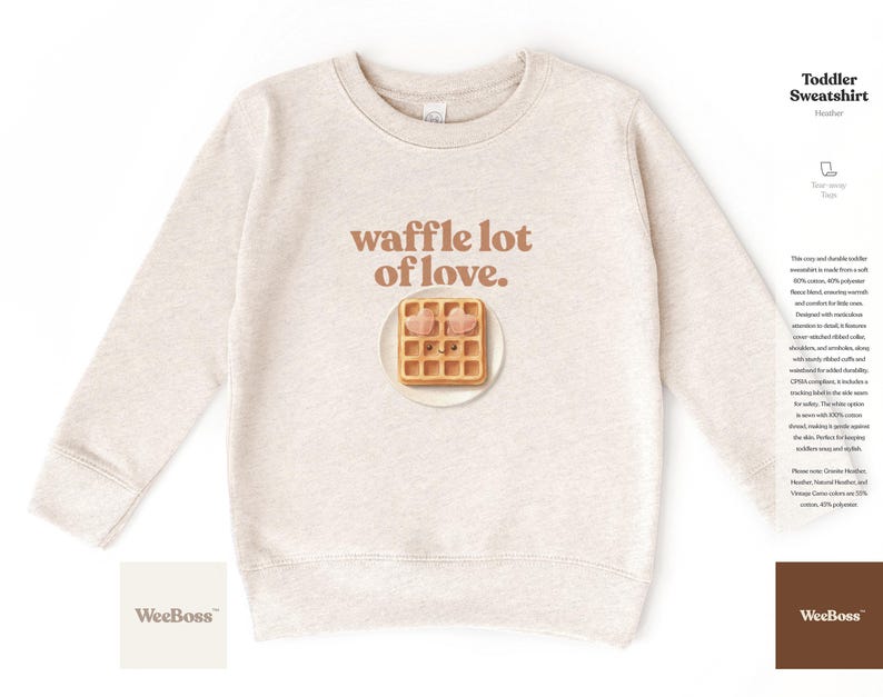 A cute, hand drawn waffle with heart toppings in soft colors - detailed view of a white baby bodysuit with product feature highlights - exclusive WeeBoss print detail