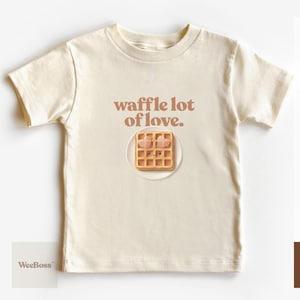 A cute, hand drawn waffle with heart toppings in soft colors - main product feature photo showing a premium natural baby bodysuit - exclusive WeeBoss print detail