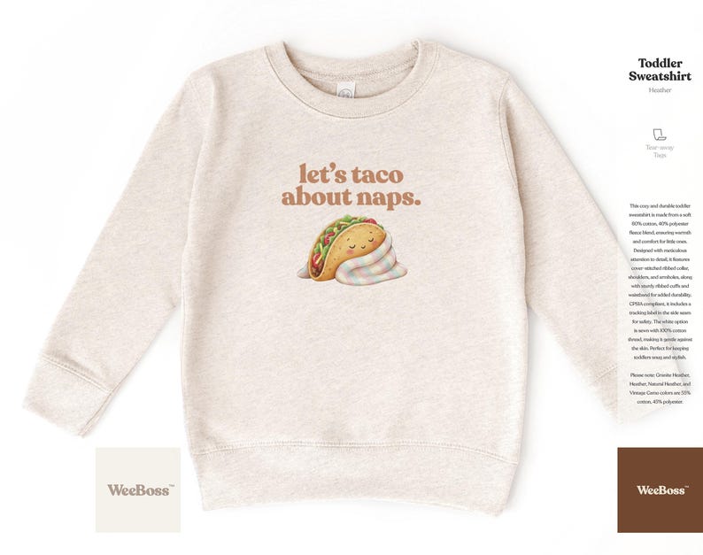 A cute taco character wrapped in a striped blanket, pastel colors - detailed view of a white baby bodysuit with product feature highlights - exclusive WeeBoss print detail