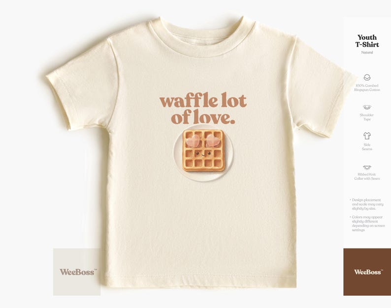 A cute, hand drawn waffle with heart toppings in soft colors - detailed view of a natural toddler t-shirt with product feature highlights - exclusive WeeBoss print detail