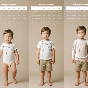 Large serif letters “brb.” in tan, beige, and brown on white background - comprehensive size guide and measurements chart for baby bodysuit toddler t-shirt and toddler sweatshirt - exclusive WeeBoss print detail