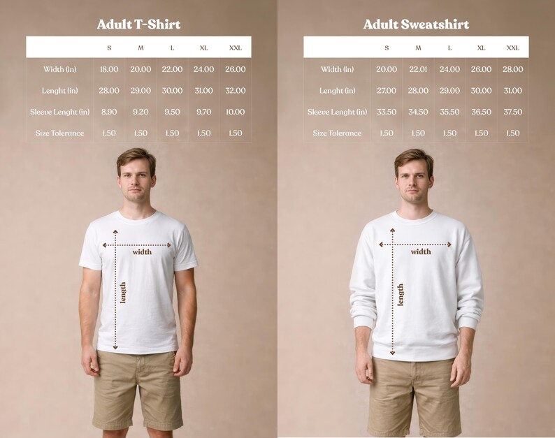 Large serif letters “brb.” in tan, beige, and brown on white background - comprehensive size guide and measurements chart for adult t-shirt and adult sweatshirt - exclusive WeeBoss print detail