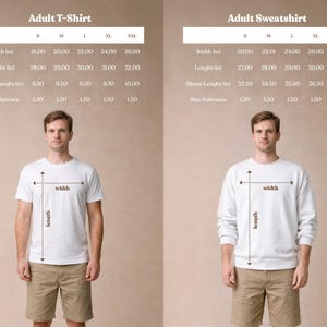 A cute, hand drawn waffle with heart toppings in soft colors - comprehensive size guide and measurements chart for adult t-shirt and adult sweatshirt - exclusive WeeBoss print detail