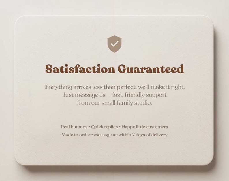 Brown serif text reading “i didn’t ask for this meeting.” on white background - customer satisfaction guarantee information card with brand promise details - exclusive WeeBoss print detail