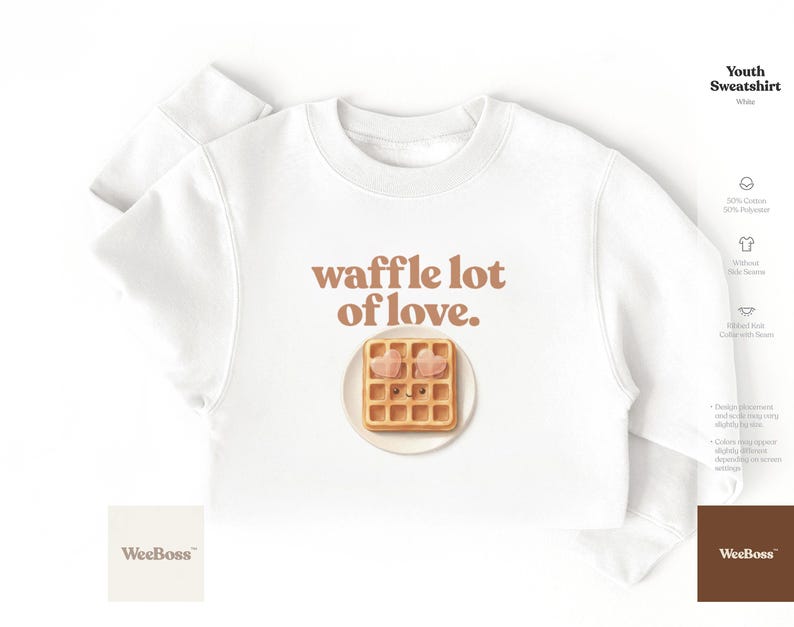 A cute, hand drawn waffle with heart toppings in soft colors - detailed view of a white toddler t-shirt with product feature highlights - exclusive WeeBoss print detail