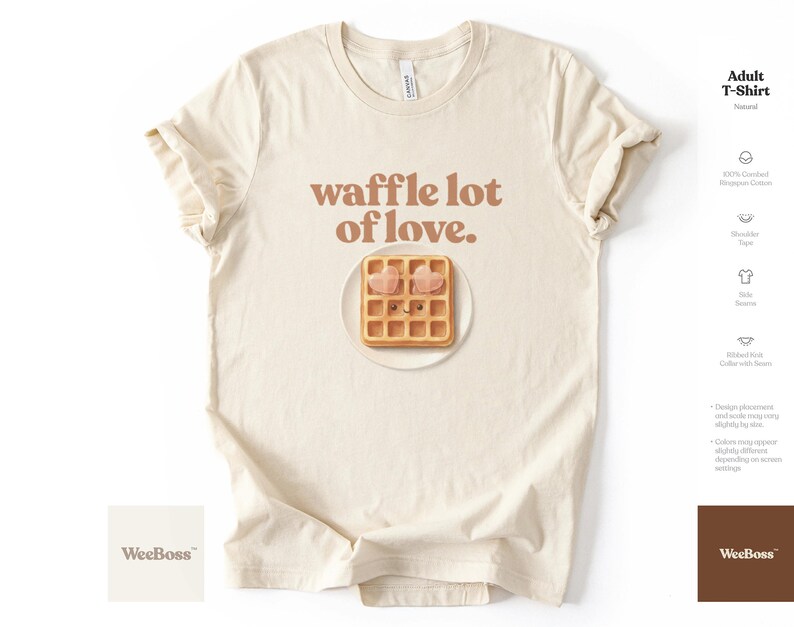 A cute, hand drawn waffle with heart toppings in soft colors - detailed view of a cozy natural heather toddler sweatshirt with product feature highlights - exclusive WeeBoss print detail