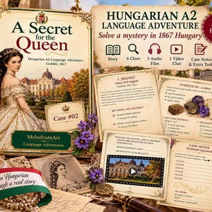 May include: A Hungarian A2 language learning kit titled A Secret for the Queen, featuring a book with a historical illustration, printed case files, evidence cards, and case notes. The set includes icons for story, clues, audio, video, and tasks.