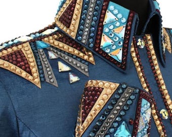 Blauw western wedstrijdshirt, verfraaid paardrijjack