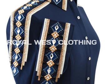 Blue Western Show Shirt, Horsemanship Rail Shirt, Women's Fitted Design