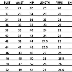 May include: A size chart with measurements for bust, waist, hip, length, arms, and shoulder. Sizes range from XXXS to 5XL, with corresponding measurements in inches. The chart is on a white background with black text.