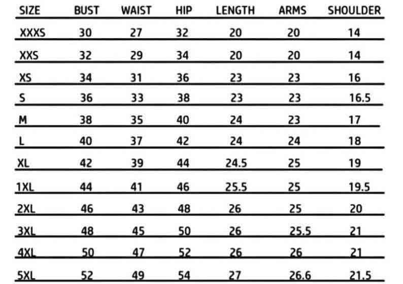 May include: A size chart with measurements for bust, waist, hip, length, arms, and shoulder. Sizes range from XXXS to 5XL, with corresponding measurements in inches. The chart is on a white background with black text.