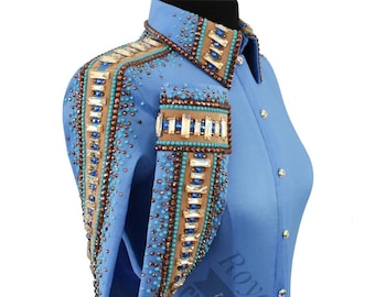 Blauw western wedstrijdshirt, horsemanship railshirt met kralen en kralen