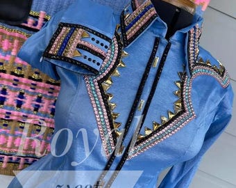 Western Pleasure-showshirt, blauw overhemd met streep en zeem