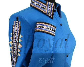 Blauw western wedstrijdshirt, horsemanship railshirt, getailleerd ontwerp