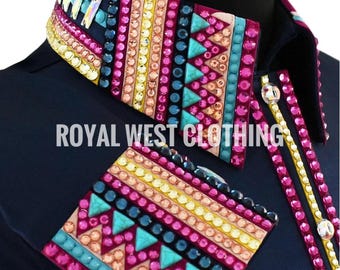 Blauw western wedstrijdshirt, horsemanshipjack, rodeo Queen-vest